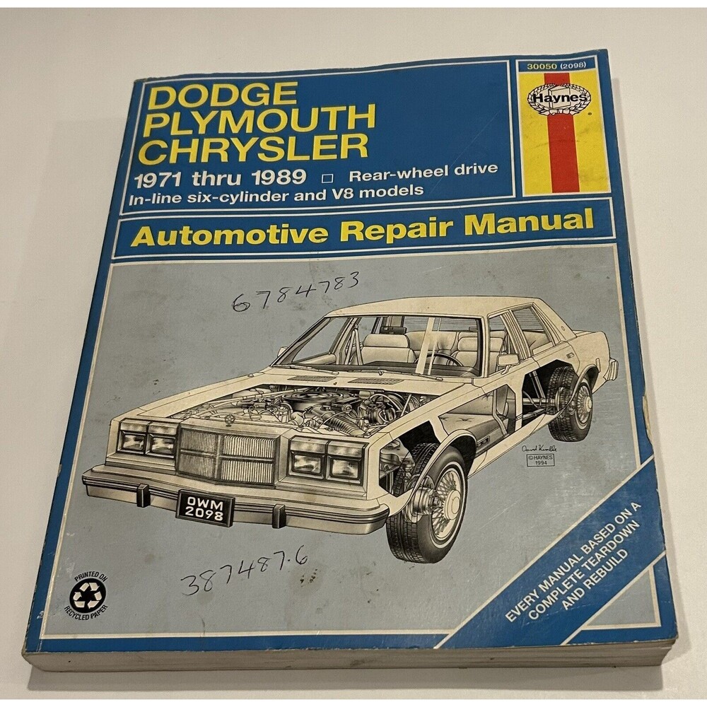 Haynes Repair Manual 30050 for Dodge Plymouth Chrysler RWD 6 Cyl & V8 1971-1989